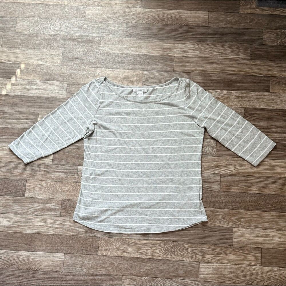 Liz Claiborne Gray White Striped 3/4 Sleeve Boatneck Top Shirt Size Large L